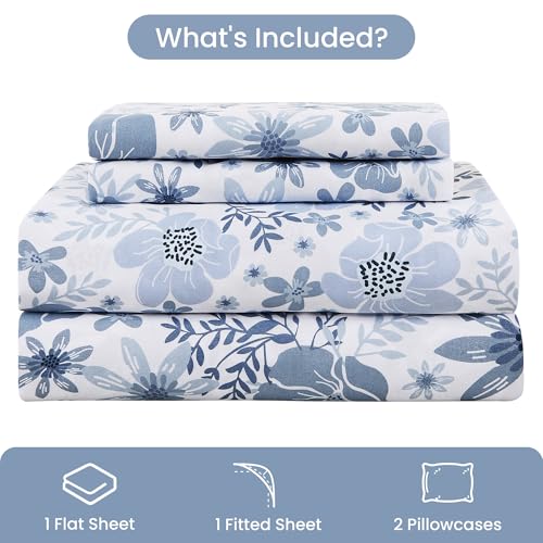 Mooreeke Queen Size Sheets Set - 4 Piece Soft Breathable Microfiber Bed Sheet Set - Blue & White Flower Pattern Sheet Set Queen - Deep Pocket Non-Slip Floral Fitted Sheet Included for All Season Mooreeke