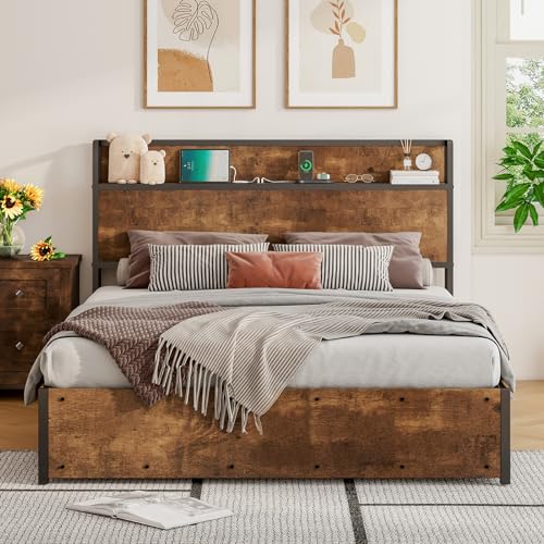 LUXOAK Full Size Lift Up Storage Bed, Wood Platform Bed Frame with Storage Headboard & Charging Station, No Box Spring Needed, Easy Assembly, Rustic LUXOAK