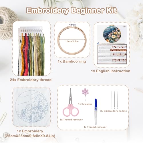 HINITOYOU Embroidery Kit, Seaside Flower Cross Stitch Kits Embroidery Starter Kit Needlepoint Kits for Adults with Stamped Pattern, Bamboo Hoops, Scissors, Needles Instructions