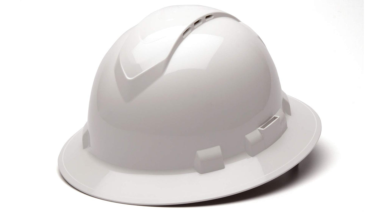 PYRAMEX Ridgeline Full Brim Hard Hat, Vented, 4-Point Ratchet Suspension, White Pyramex Safety