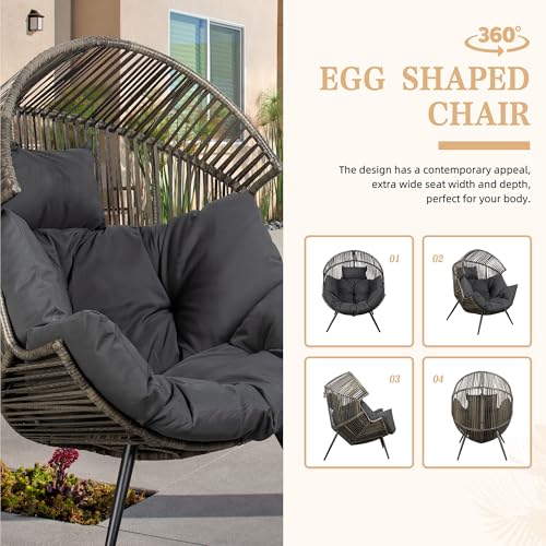 Vongrasig Outdoor Wicker Egg Chair PE Rattan Chair with Cushion, Oversized Patio Lounge Chair for Outdoor, Indoor, Balcony, Backyard, Garden, Black/Rattan Vongrasig