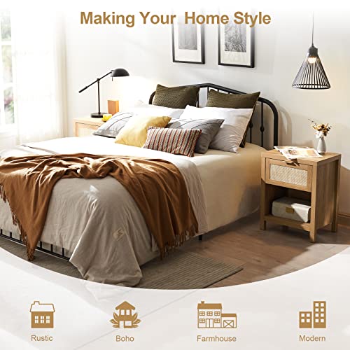 SICOTAS Rattan Nightstand Set of 2 - Farmhouse Night Stand with Drawer and Storage Shelf - Boho Bedside Table End Table Side Table Accent Table for Bedroom Living Room SICOTAS