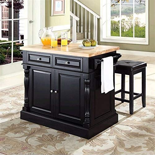Pemberly Row Wood Butcher Block Top Kitchen Island with Square Stools in Black Pemberly Row