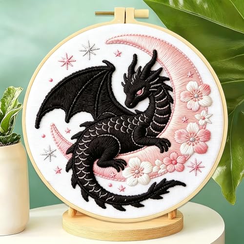 Zhenqing Black Dragon and Pink Moon Embroidery Kit, Fantasy Mystical Craft Set with 20cm Hoop, Printed Design on 29x29cm Cotton Fabric, DIY Gothic Art (JC0067)
