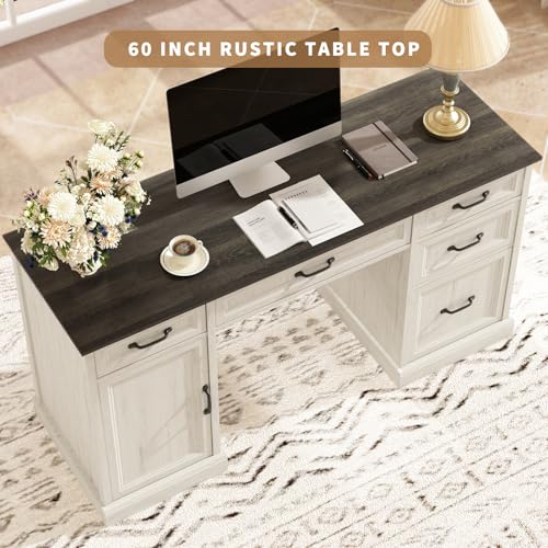 CARPETNAL 58'' Farmhouse Executive Desk with Drawers, Home Office Desk with File Drawer and Storage Cabinet, Rustic Computer Desk for Working, Studying, Writing, White CARPETNAL