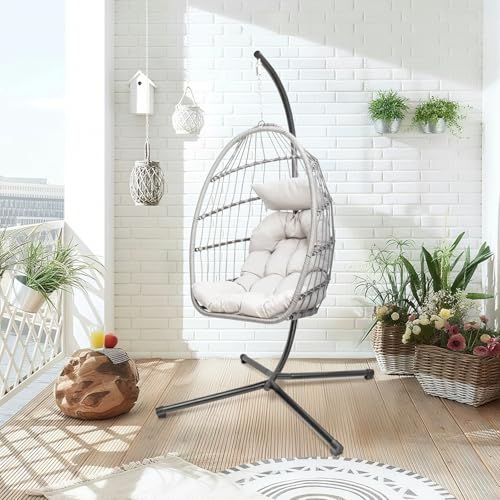 Hanging Egg Chair with Stand, Patio Wicker Hammock Egg Swing Chair with Cushion for Bedroom Garden Indoor Outdoor SZHLUX