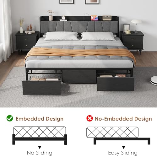 GarveeHome King Size Bed Frame with Storage Headboard, Black King Platform Bed with 2 Large Drawers and Charging Station, Industrial No Box Spring Needed Bedframe GarveeHome