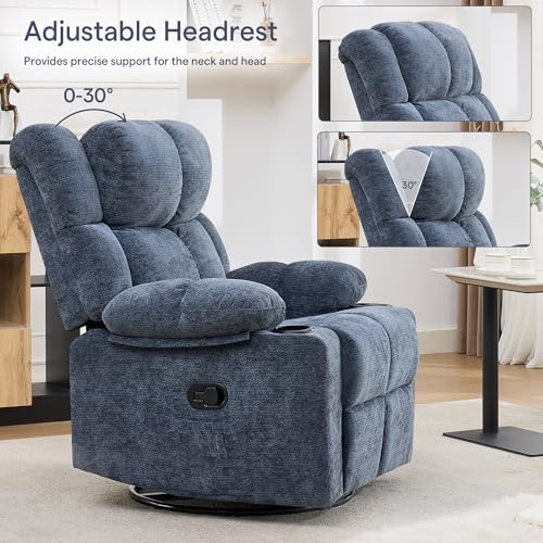 Coziture 360°Swivel Rocker Recliner Chair,Rocking Recliner Chair with Adjustable Headrest for Adults,Upholstered Fabric Rocking Chair Swivel for Bedroom,Living Room,Blue