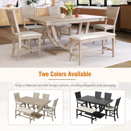 LUMISOL Dining Table Set for 6, Wood Half Round Dining Table Set with Long Bench and 4 Upholstered Chairs Solid Wood Dining Table Set, Modern Kitchen Table Set for 6 Persons, Natural LUMISOL