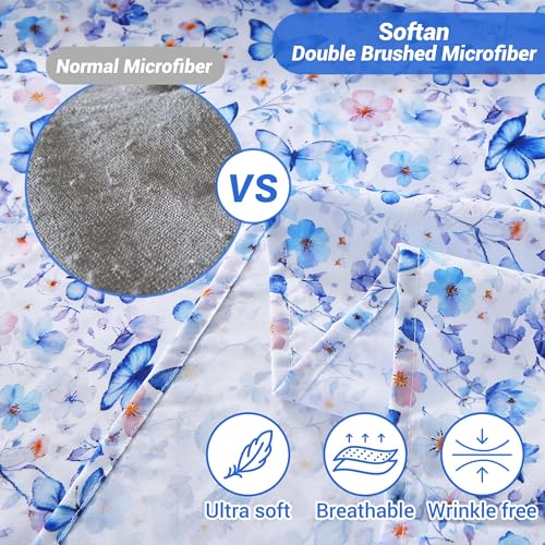 Softan Twin Floral Sheets, Microfiber Blue Flower Printed Fitted Sheets with Non-Slip Corner Straps and 15" Deep Pocket, Butterfly Patterned Cozy Bed Sheets, Single Sheets & Pillowcase Sets Softan