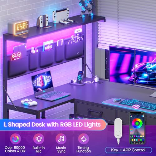 SEDETA L Shaped Gaming Desk, 47.2" Reversible Small Computer Desk with 5 Drawers and Storage Shelves, Corner Gaming Desk with LED Lights and Power Outlet, Black SEDETA