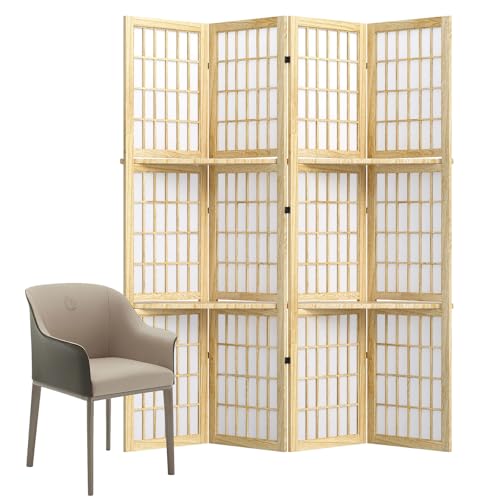 Room Divider with Shelves, 66.9-Inch Tall Japanese Shoji Style Wood Screen with Double Hinges for Home Office Bedroom Hotel Decoration (4 Panels, Natural) Svimi