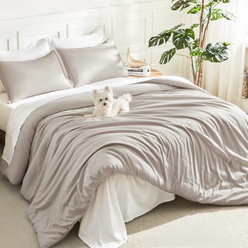 Litanika Deep Linen Grey Comforter Set Full Size, 3 Pieces Lightweight Solid Bedding Comforter Set, All Season Fluffy Bed Set (79x90In Comforter & 2 Pillowcases) Litanika
