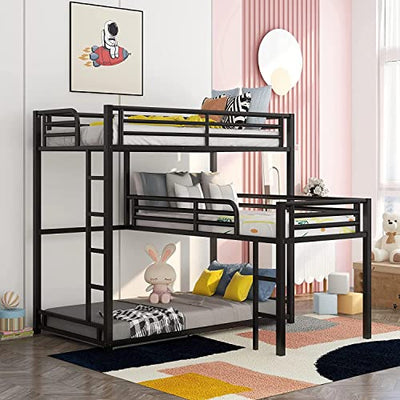 MERITLINE Metal Triple Bunk Bed for Kids, L-Shaped Twin Over Twin & Twin Bunk Bed Frame, 3 in 1 Bed Bunk Beds with Guardrails and Ladders for Teens Adults, Black