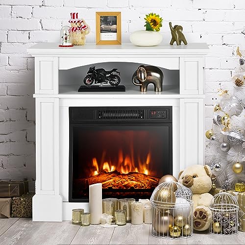 SIMOE 32" Electric Fireplace with Mantel, 1400W Freestanding Fireplace for Living Room, Remote Control, Overheat Protection, Adjustable 3D Flame, Timer, White SIMOE