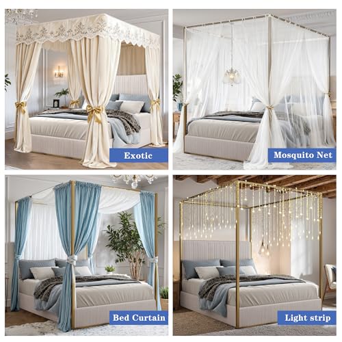 DGSPVCT Queen Size Metal Canopy Bed Frame, Upholstered Platform Bedframe with Tall Headboard and Four Poster, Modern Luxury Corduroy Low Profile Bed Frames, No Box Spring Needed/Minimalism, Beige Gold