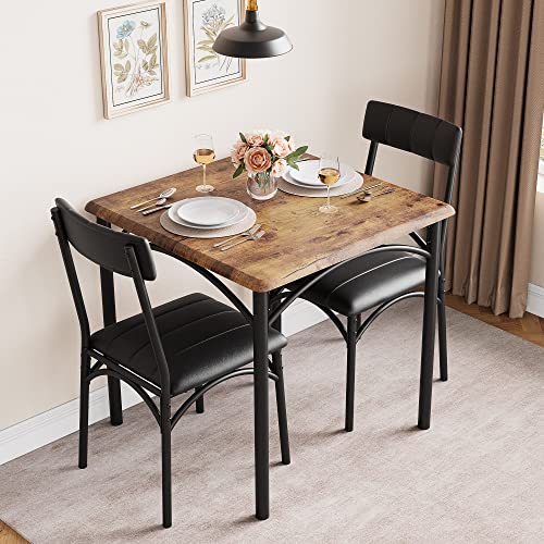 SLEKVERSA 3-Piece Dining Table Set for 2, Kitchen Table Set with 2 Upholstered Chairs, Square Dining Table Set for Apartment, Studio, Small Space, Brown SLEKVERSA