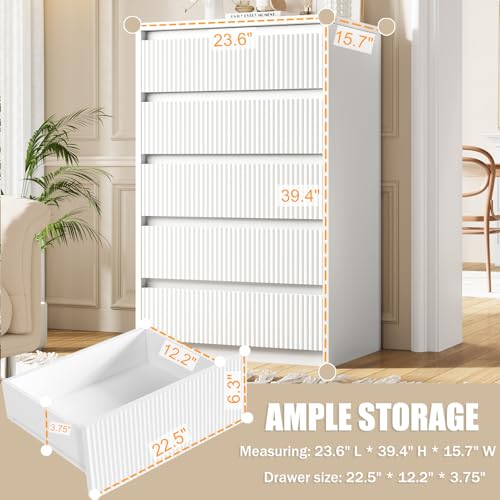 Jocoevol White Dresser 5 Drawer Dresser for Bedroom, Modern Fluted Dresser with Deep Drawers and Mirror, Wooden Dresser Chest of Drawers for Living Room, Hallway, Entryway Jocoevol