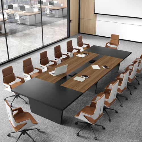 Nuipesn 118 Inch Rectangular Conference Table, 10FT Meeting Table for 10-12, Built-in Power Outlets & USB Charging Ports, Cable Management Box, 2 Inch Thick Top, Walnut/Grey Nuipesn