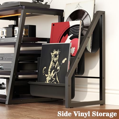 AV Media Stand with Outlets, Stereo Stands and Racks with Vinyl Storage, Stereo Stand with Record Storage, Audio Stereo Rack Cabinet, Turntable Console Stand with LED lights, 4 Tiers, Black Ebony Besiost