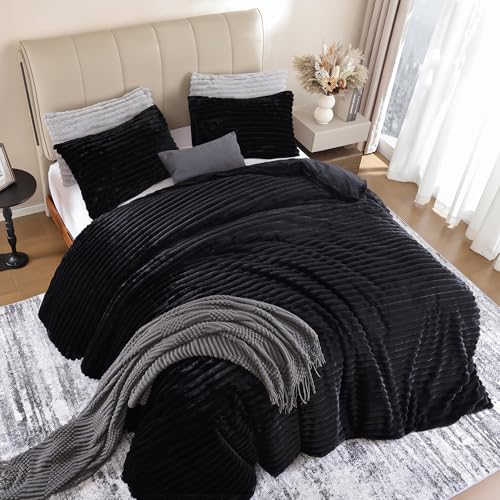 weigelia Black Comforter Full Set – Ultra Soft Plush Fleece Black Bed Set, Fluffy Warm Luxury Bedding Comforter with 2 Pillowcases, Cozy Heavy Warm Bed Set for Winter weigelia