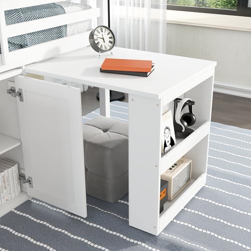 KEIKI Twin Low Loft Bed with Pull-Out Desk, Rubberwood Loft Bed with Storage Cabinets, Drawers & Shelves, Space-Saving Twin Bed for Kids, White KEIKI
