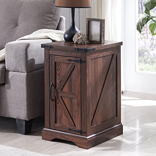 JXQTLINGMU Nightstand with Charging Station, Rectangular Farmhouse End Table with Barn Door and Adjustable Storage Shelf, 17" Deep Wood Rustic Sofa Side Table for Living Room, Bedroom, Brown JXQTLINGMU
