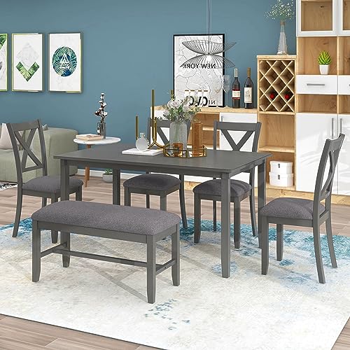 LUMISOL 6-Piece Dining Table Set with Bench for 4-6 People, Including 1 Dining Table, 4 Upholstered Chairs and 1 Bench, Save Space, Dark Grey LUMISOL