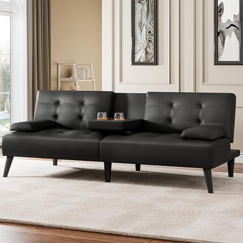 Meilocar 64" Futon Sofa Bed, Small Loveseat with 2 Cup Holders, Small Couch with 3 Adjustable Angles & Removable Armrest, Modern Sleeper Sofa for Apartment, Office (PU Leather, Black) Meilocar