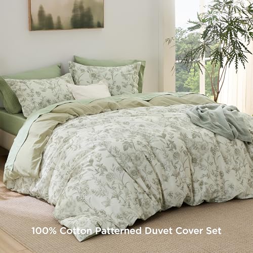 Bedsure Duvet Cover Queen Size - 100% Cotton Reversible Floral Queen Duvet Cover Set with Zipper Closure, 3 Pieces Soft & Breathable Botanical Green Bedding Set with 2 Pillow Shams 20"x26" Bedsure