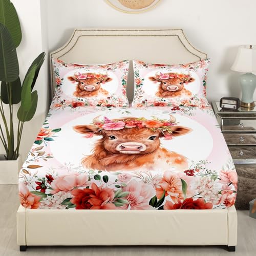 Feelyou Cute Highland Cow Sheet Set King Size Kids Cartoon Animal Sheets with Deep Pocket Fitted Sheet for Boys Girls Teens Flower Floral Print Bed Sheets Set Farm Zoo Garden Theme Bedding Set Feelyou