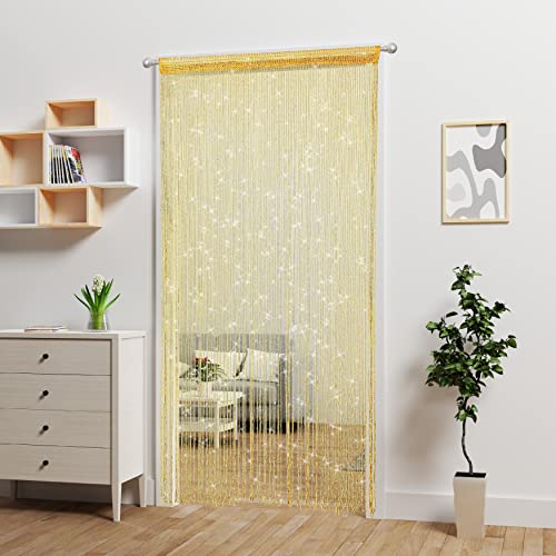 Atsweetlife Door String Curtain Doorway Beads Curtains,Hanging Room Divider Beaded Decor Hippie Glitter Fringe Panel Closet Window Doors Sequin Sheer Boho Doors Tassel (Gold) Atsweetlife