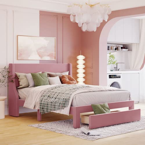 Anwick Queen Size Storage Bed Frame Velvet Upholstered Platform Bed with a Big Drawer, Upholstered Bed Frame with Strong Wooden Slats, No Box Spring Needed, Easy Assembly (Pink, Queen) Anwick