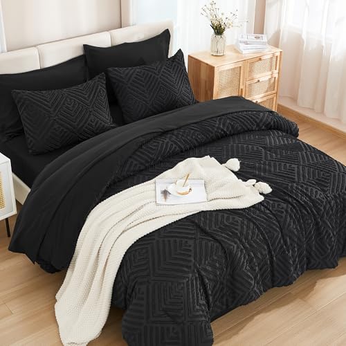 Andency Queen Comforter Set 7 Piece Black - Bed in a Bag Queen Boho Lightweight Fluffy Tufted Bedding Sets with Comforter, Sheets, Pillowcases & Shams Andency