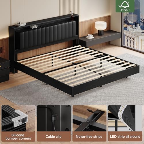 Belffin Floating Bed Frame King Size with LED Lights & Charging Station, Wooden Headboard with Hidden Storage and Faux Leather Backrest, Easy Cleaning, No Box Spring Needed, Noise-Free, Black Belffin