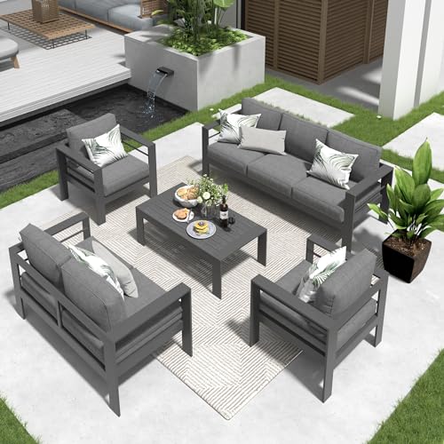 Solaste Aluminum Patio Furniture Set,5 Pieces Modern Outdoor Conversation Set Sectional Sofa with Upgrade Cushion and Coffee Table,Grey Solaste
