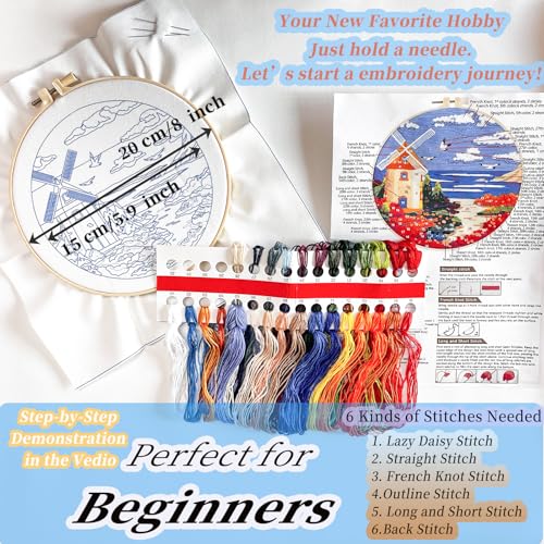 FONNUY Embroidery Kit for Beginners, Boho Nature Landscape Pre-Stamped Pattern Kits for Adults with Hoop, Easy to Follow Color Thread Needlework, 8'' Hoop (Beach House)