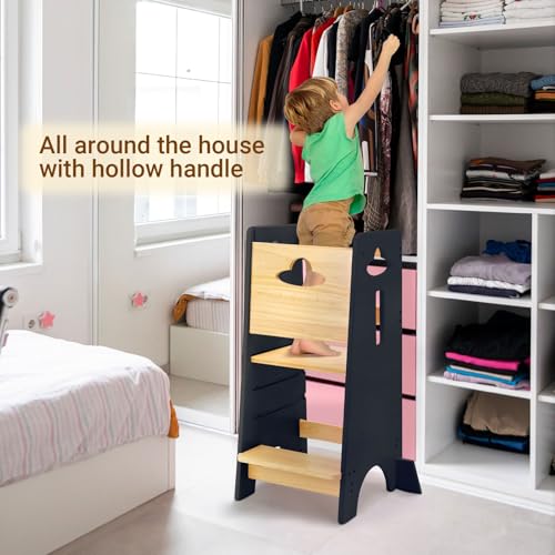 COSYLAND Toddler Standing Tower Adjustable Height - Super Stable Toddler Kitchen Stool Helper - 3 Levels Adjustable Wooden Toddler Kitchen Stool (Natural & Dark Gray) COSYLAND