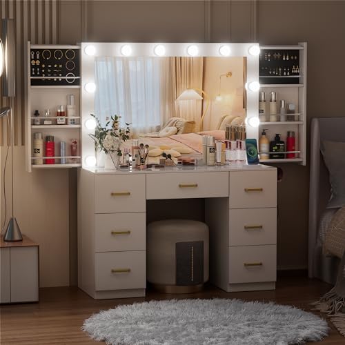 FURNJOYLIFE White Makeup Vanity Desk with Lighted Mirror & Power Outlet,3 Color Modes, Brightness Adjustable,Vanity Table with Drawer,Sliding 2 Storage Wall-Mounted Jewelry,4 Shelves for Bedroom FURNJOYLIFE