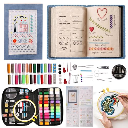 100 PCS Complete Embroidery Stitch Book Kit with Includes Step-by-Step Instructions, Hoops, Threads, Needles & Fabric, All-in-One Portable Starter Set for Adult Beginners & DIY Craft Enthusiasts