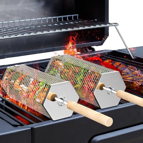 Ivtivfu Nesting Grill Baskets (2PCS, 2024), Removable Wooden Handle, 304 Stainless Steel, Rolling Grilling Net, BBQ Accessories Tools for Vegetables Shrimp, Outdoor Cooking Camping, Gifts for Men Dad Husband Ivtivfu