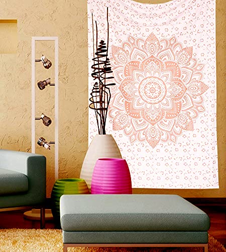 raajsee Metallic Rose Gold Tapestry Pink Mandala Wall Hangings, Indian Cotton Beach Throw Blanket, Hippie Tapestries Boho Decor Bohemian Bedding,Twin Bedspread 52x82 inches Yoga Mat Rugs raajsee