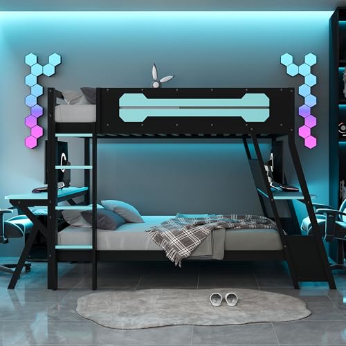 Merax Bunk Bed with Two Built-in Gaming Desks, USB Desktop Ports & Pegboard Organizer, Gaming Bunk Frame for Gamer, Full Size, Cloud Blue Merax