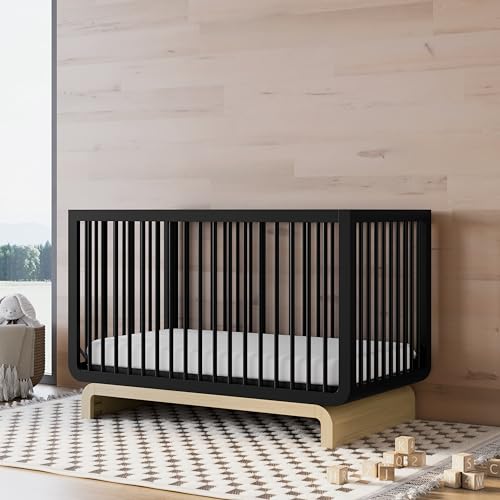 Storkcraft Santorini Deluxe 5-in-1 Convertible Crib with Bonus Toddler Guardrail (Black with Driftwood) – GREENGUARD Gold Certified, Toddler Guardrail Included in Box, Fits Standard Crib Mattress Storkcraft