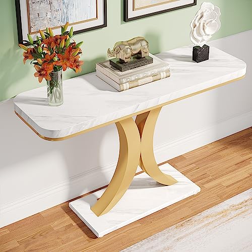 Tribesigns Modern Gold Console Table, 40 inch Narrow Entryway Foyer Table with Geometric Base, Rustic Hallway Accent Table for Living Room, Entrance, White and Gold Tribesigns