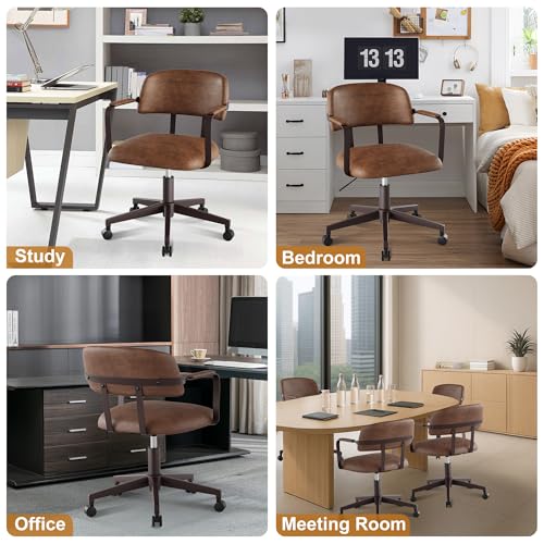 BERYTH Home Office Desk Chair, Mid-Century Style Desk Chair with Padded Arms, Adjustable Seat Height, Mid Back 360° Small Computer Chair with Mobile Mute Wheel, PU Leather (Brown) BERYTH