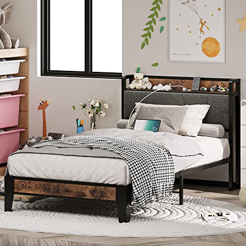 LIKIMIO Twin Bed Frames, Storage Headboard with Charging Station, Solid and Stable, Noise Free, No Box Spring Needed, Easy Assembly LIKIMIO