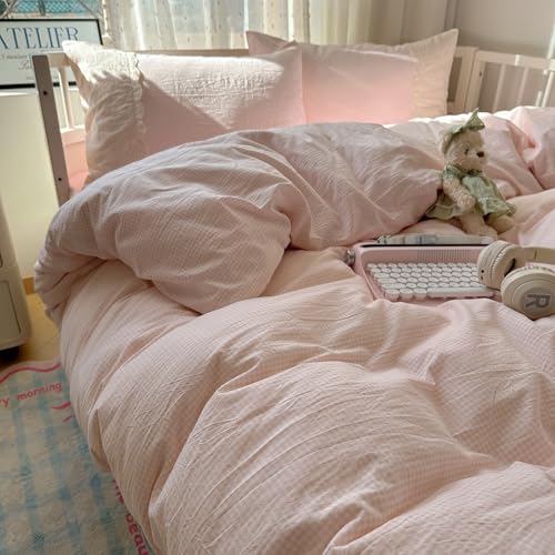 VM VOUGEMARKET Pink Full Duvet Cover Set 3 Pieces Lace Bedding Set Simple Cozy Plaid Checkered Comforter Cover with Zipper Ties for Teen Girls VM VOUGEMARKET