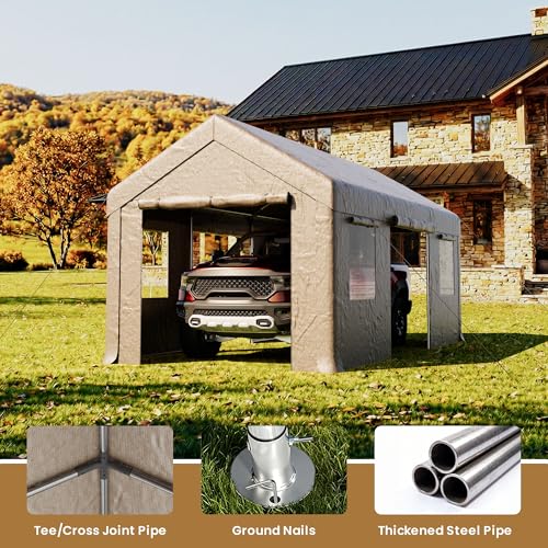 COSIEST 10'×20' Storage Shelter Outdoor Gable Roof Carport with Removable Side Walls, Heavy-Duty Garage Canopy Weatherproof PE Cover, Multi-Purpose Vehicle/Tractor Shed for Backyard/Driveway/Farm COSIEST
