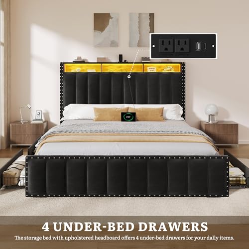 DWVO Queen Size Bed Frame with 4 Storage Drawers and RGB LED Lights, Velvet Upholstered Platform Bed with Charging Station and Bookcase Storage Headboard, No Box Spring Needed, Easy Assembly, Black DWVO